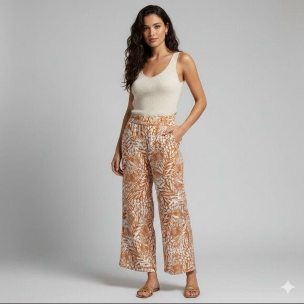 Christian Siriano 100% linen wide leg cropped pull on pants